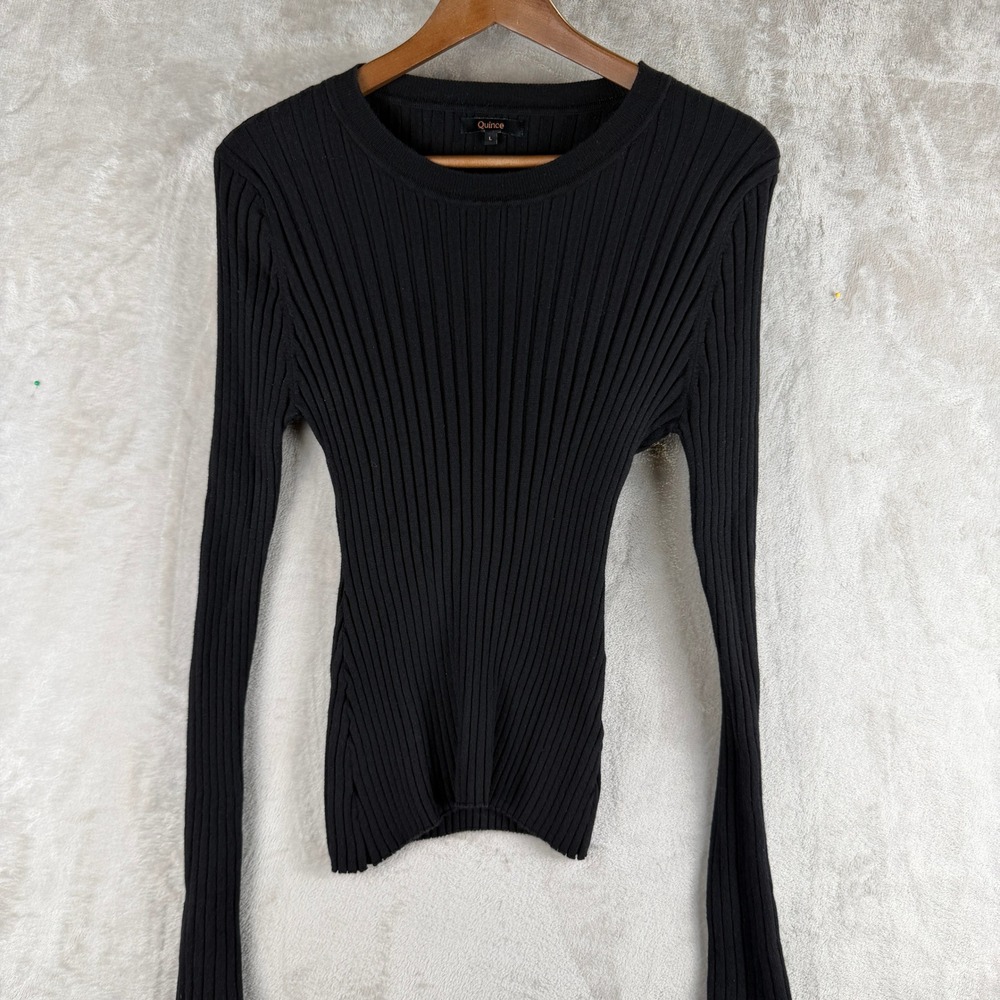 Quince Womens Ribbed Long Sleeve Crew Neck Sweater Black Slim Fit Large